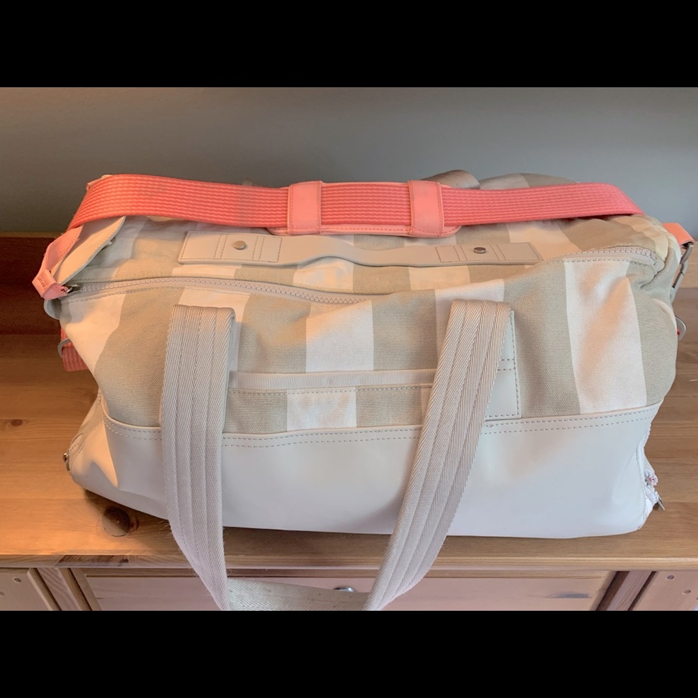Canvas Stripe Weekender Bag in Coral and Cream